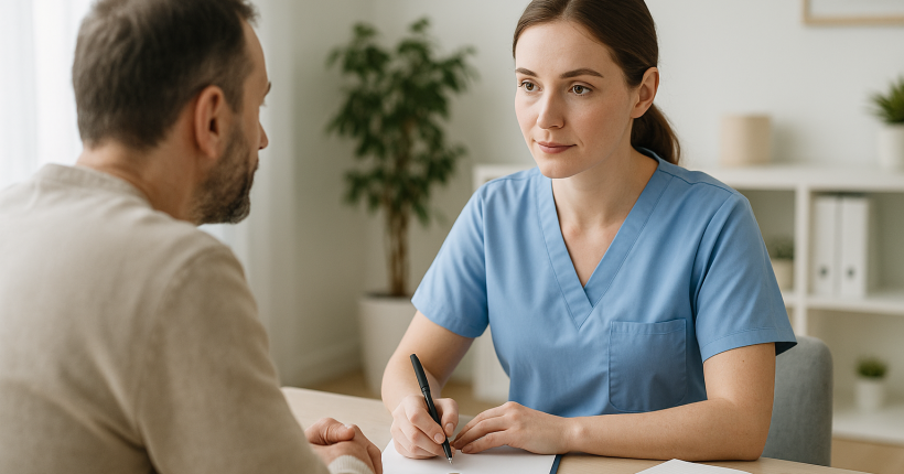 Pielęgniarka psychiatryczna rozmawiająca z pacjentem w gabinecie