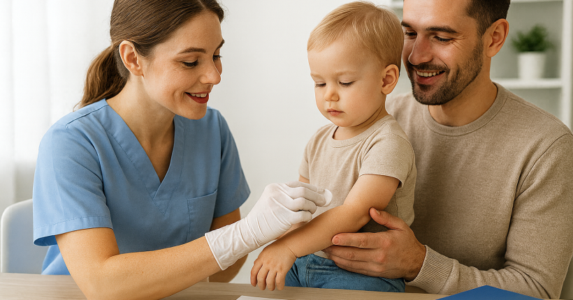 Pielęgniarka pediatryczna przygotowująca dziecko do szczepienia w obecności rodzica